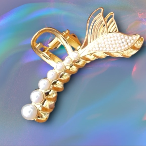 New! Mermaid Tail Hair Claw Clip Gold and Pearl NWT - Picture 4 of 7